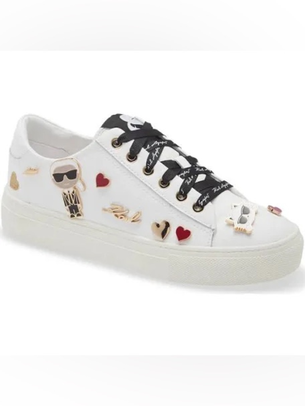 Karl Lagerfeld White Low-Top Charm-Embellished Sneakers with Black Laces, 6.5